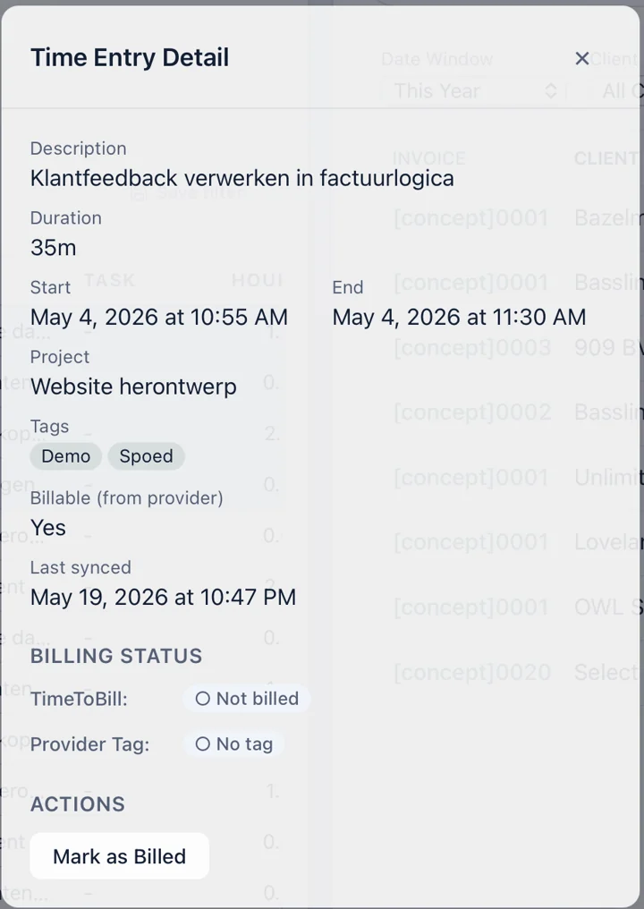 TimeToBill-detailpaneel van een uurregel met duur, project, tags en facturatiestatus.